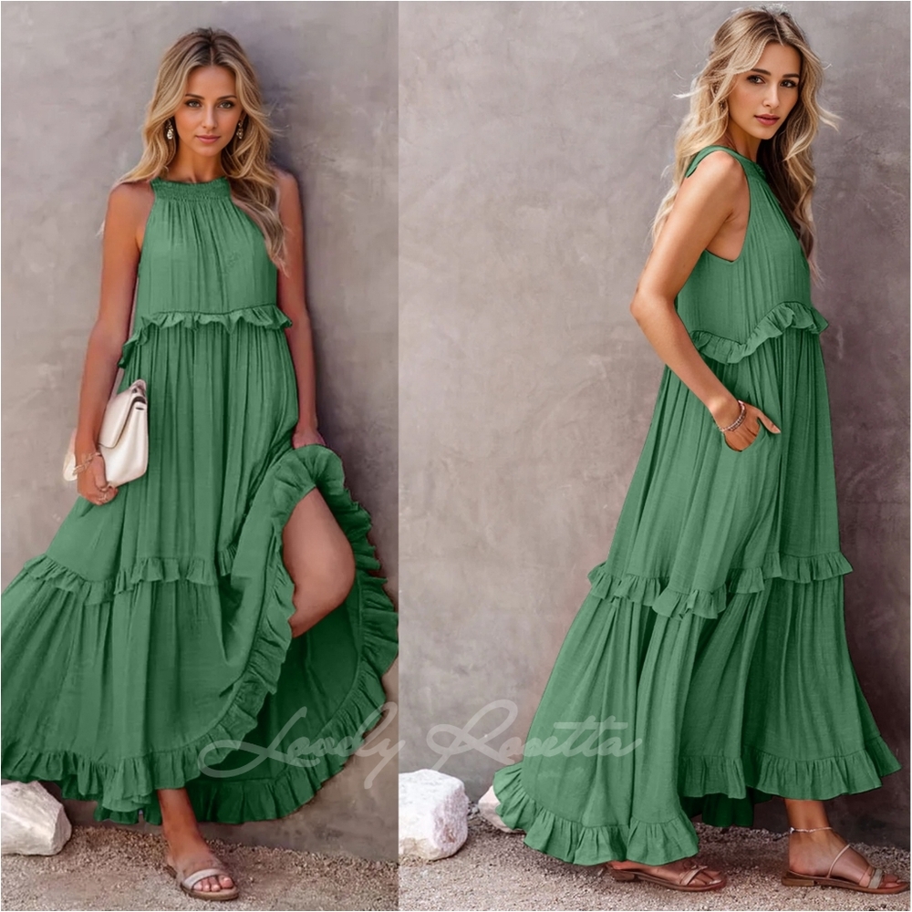 Green Ruffled Sleeveless Tiered Maxi Dress with Pockets - Picture 6 of 13